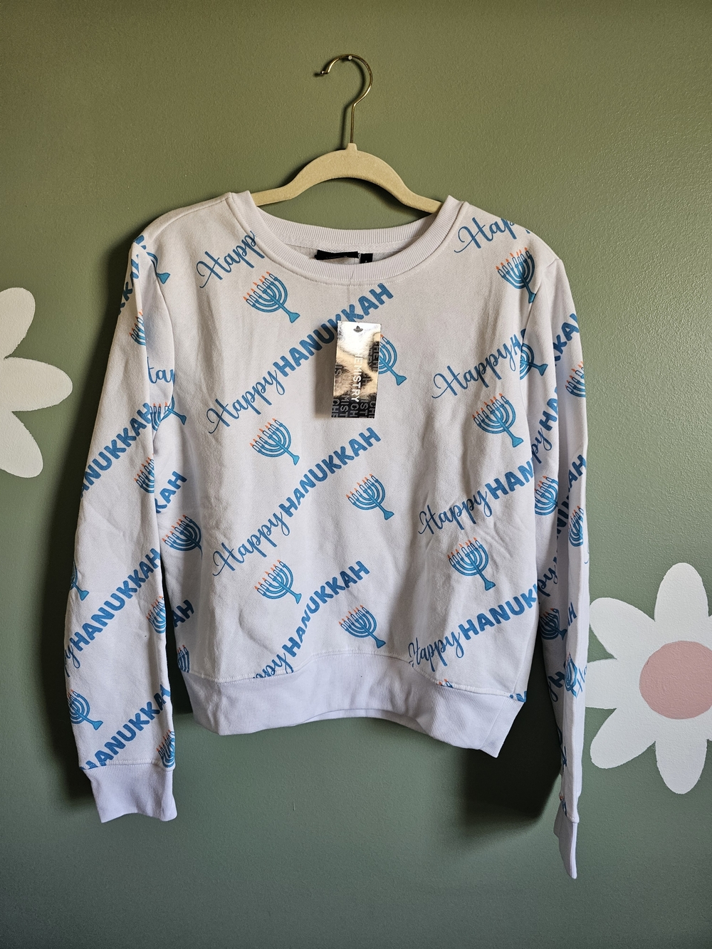Chemistry White Crewneck Sweatshirt 'Happy Hanukkah' Print